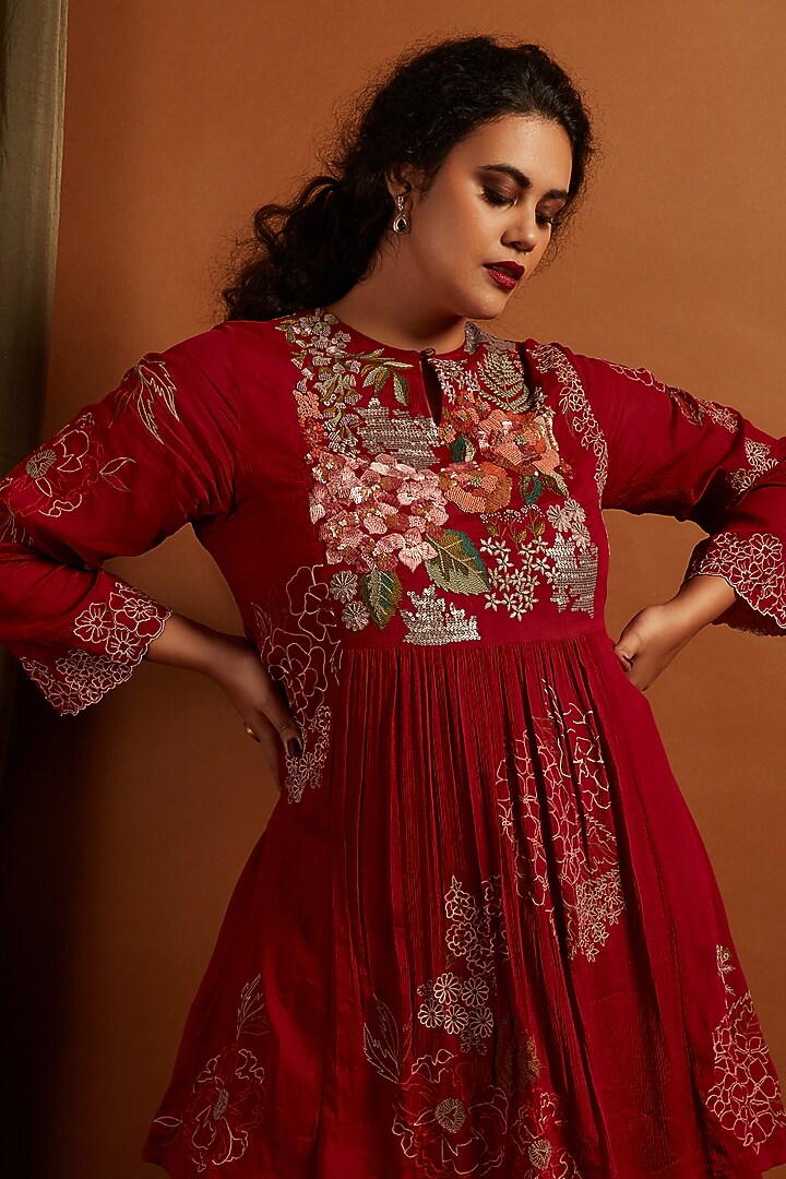 Deep Red Crepe Chiffon Embroidered Gathered Kurta Set by Half Full Curve at Pernia's Pop Up Shop