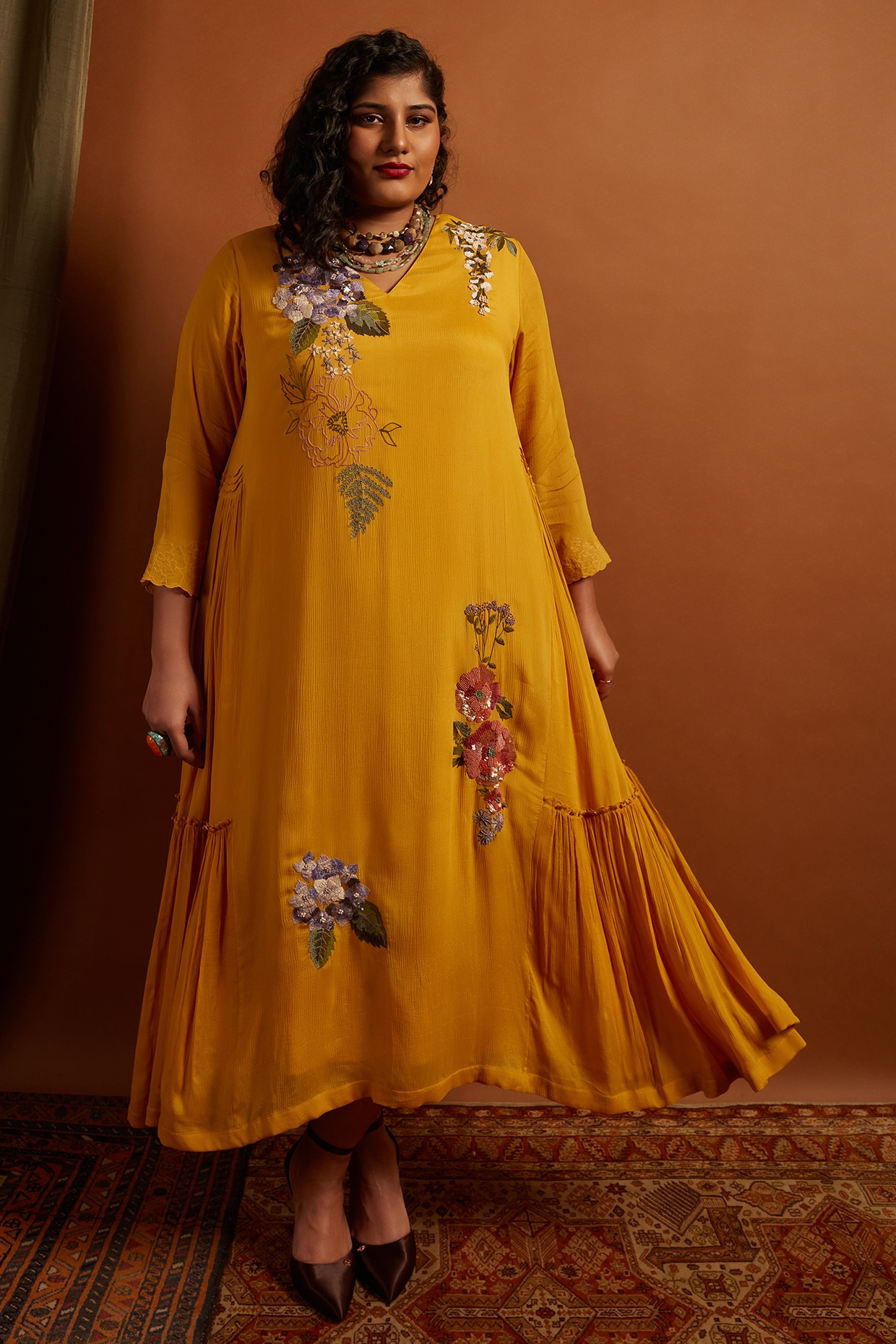Half Full Curve Mustard Crepe Chiffon Embroidered Dress