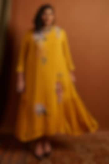 Mustard Crepe Chiffon Embroidered Vacation Dress by Half Full Curve at Pernia's Pop Up Shop
