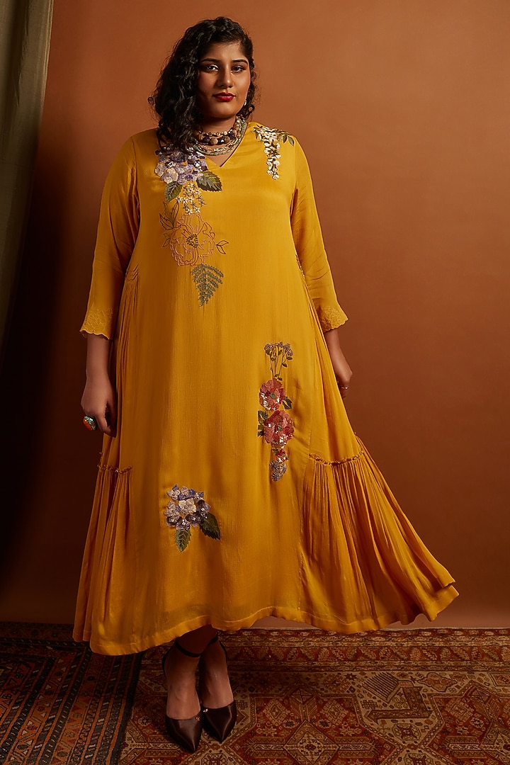 Mustard Crepe Chiffon Embroidered Vacation Dress by Half Full Curve at Pernia's Pop Up Shop
