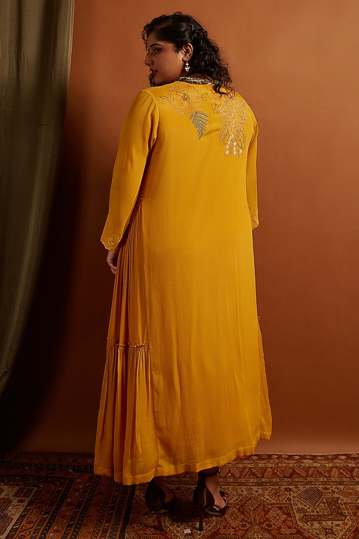 Mustard Crepe Chiffon Embroidered Vacation Dress by Half Full Curve at Pernia's Pop Up Shop