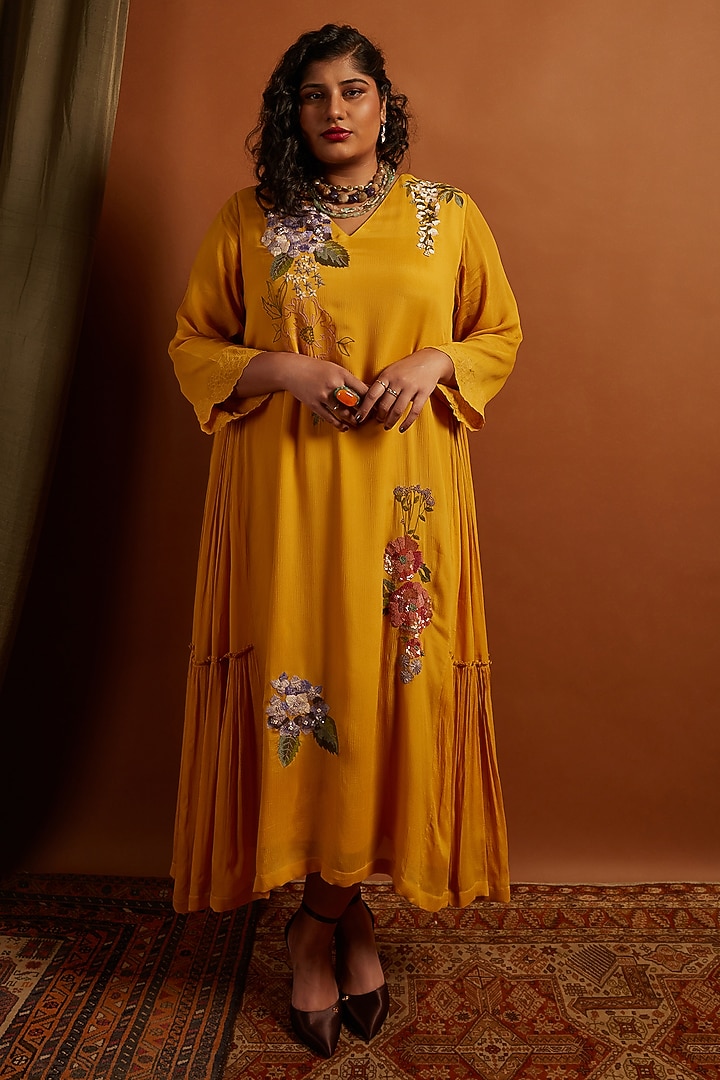 Mustard Crepe Chiffon Embroidered Vacation Dress by Half Full Curve at Pernia's Pop Up Shop