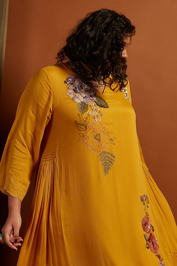 Mustard Crepe Chiffon Embroidered Vacation Dress by Half Full Curve at Pernia's Pop Up Shop