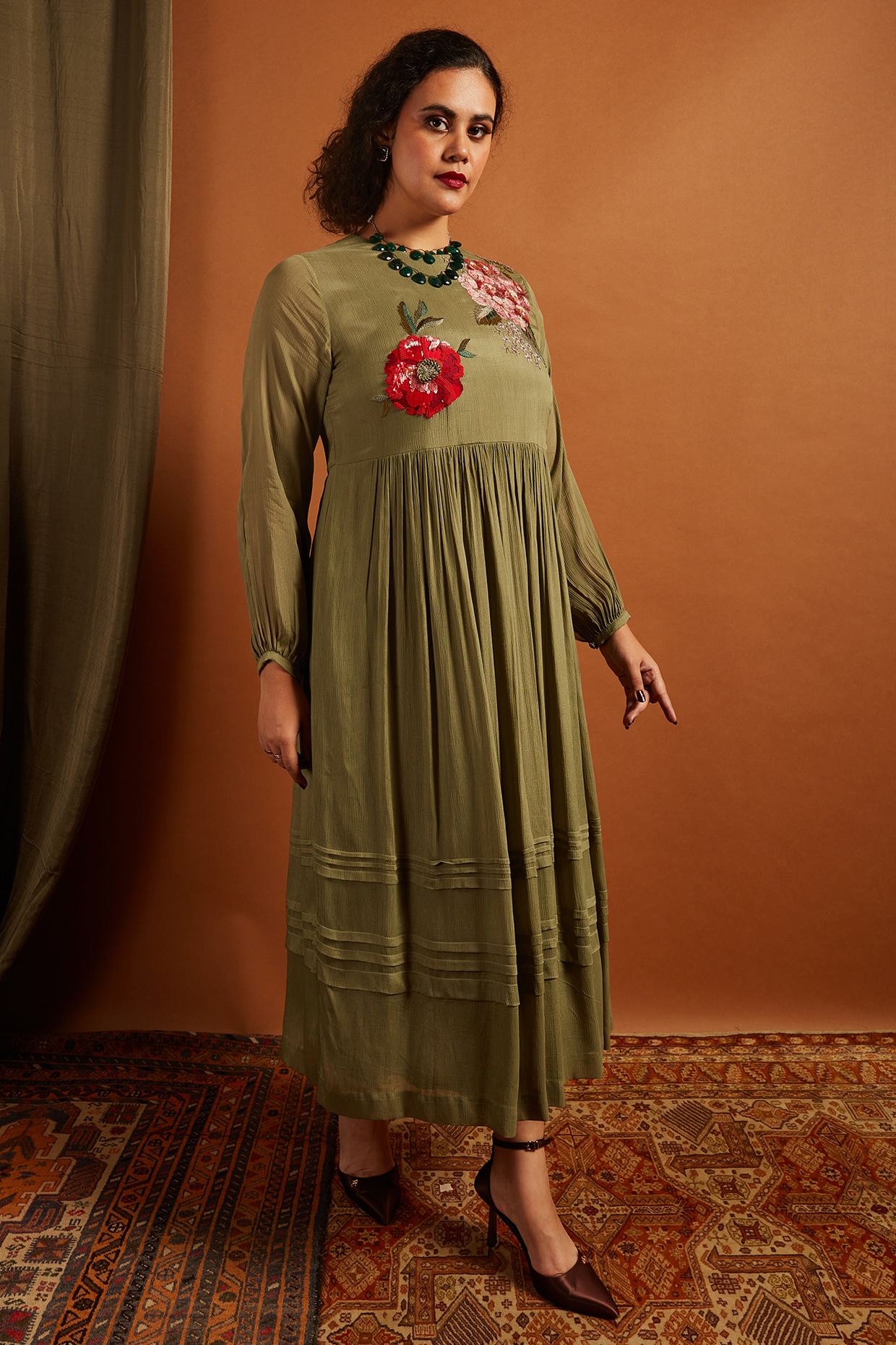 Half Full Curve Sage Crepe Chiffon Embroidered Gathered Dress