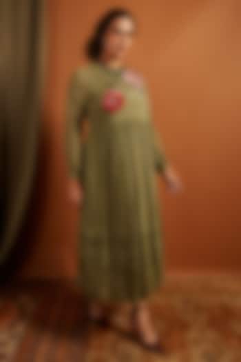 Sage Crepe Chiffon Embroidered Gathered Vacation Dress by Half Full Curve at Pernia's Pop Up Shop