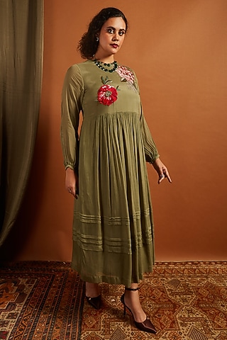 Sage Crepe Chiffon Embroidered Gathered Dress by Half Full Curve