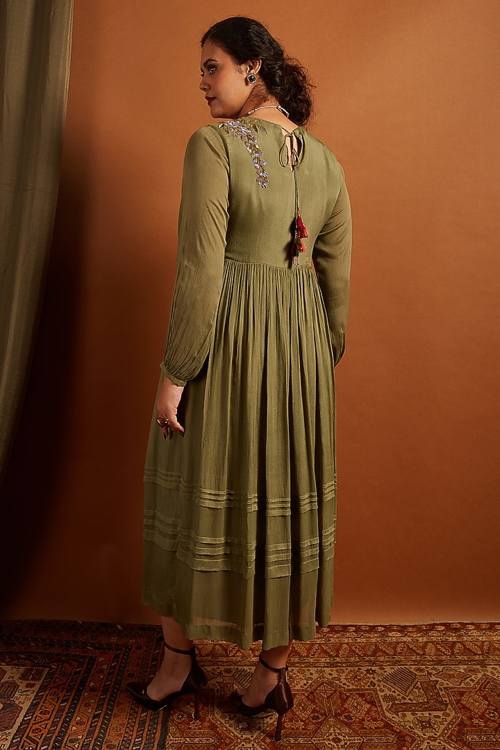 Sage Crepe Chiffon Embroidered Gathered Vacation Dress by Half Full Curve at Pernia's Pop Up Shop