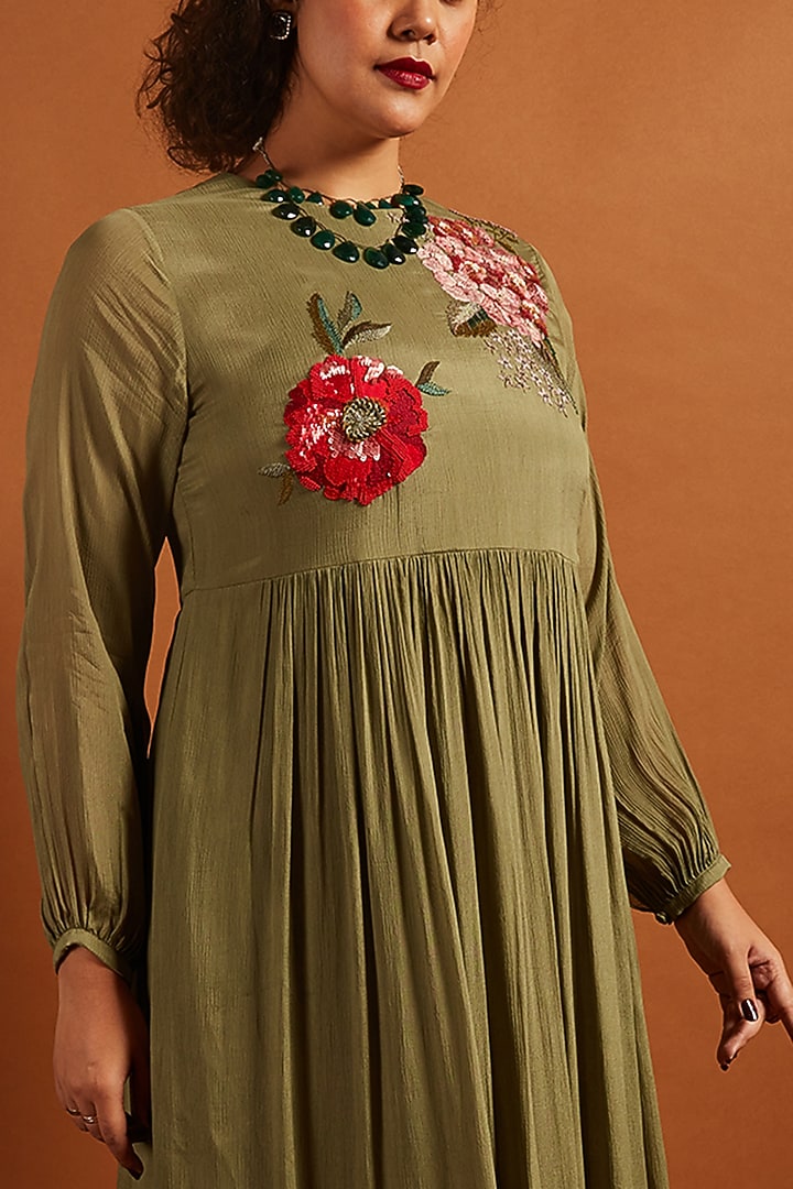 Sage Crepe Chiffon Embroidered Gathered Vacation Dress by Half Full Curve at Pernia's Pop Up Shop