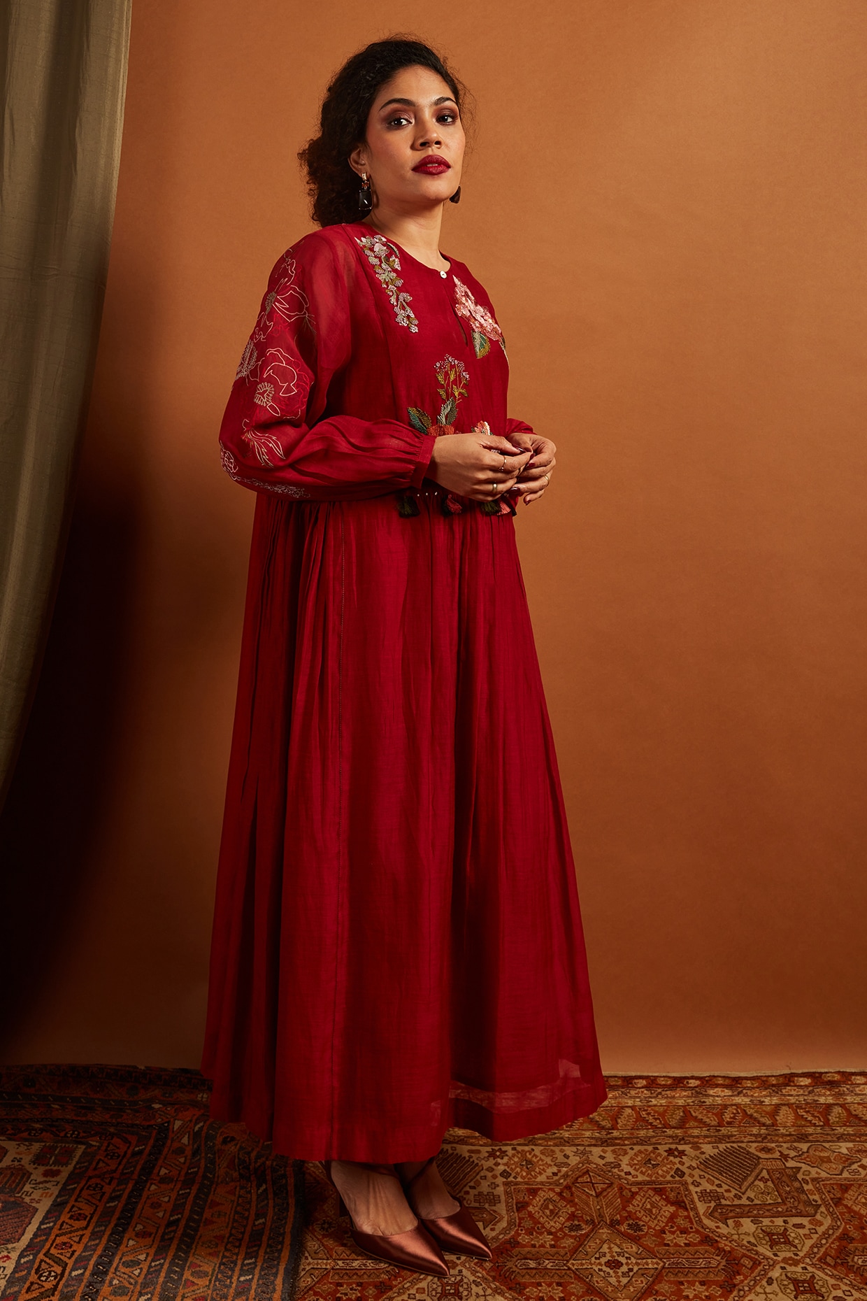 Half Full Curve Deep Red Fine Chanderi Embroidered Gathered Dress