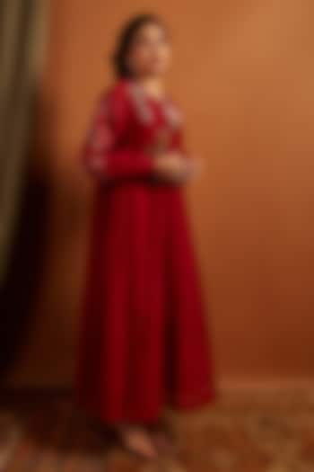 Deep Red Fine Chanderi Embroidered Gathered Vacation Dress by Half Full Curve at Pernia's Pop Up Shop