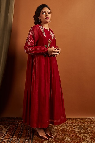 Deep Red Fine Chanderi Embroidered Gathered Dress by Half Full Curve