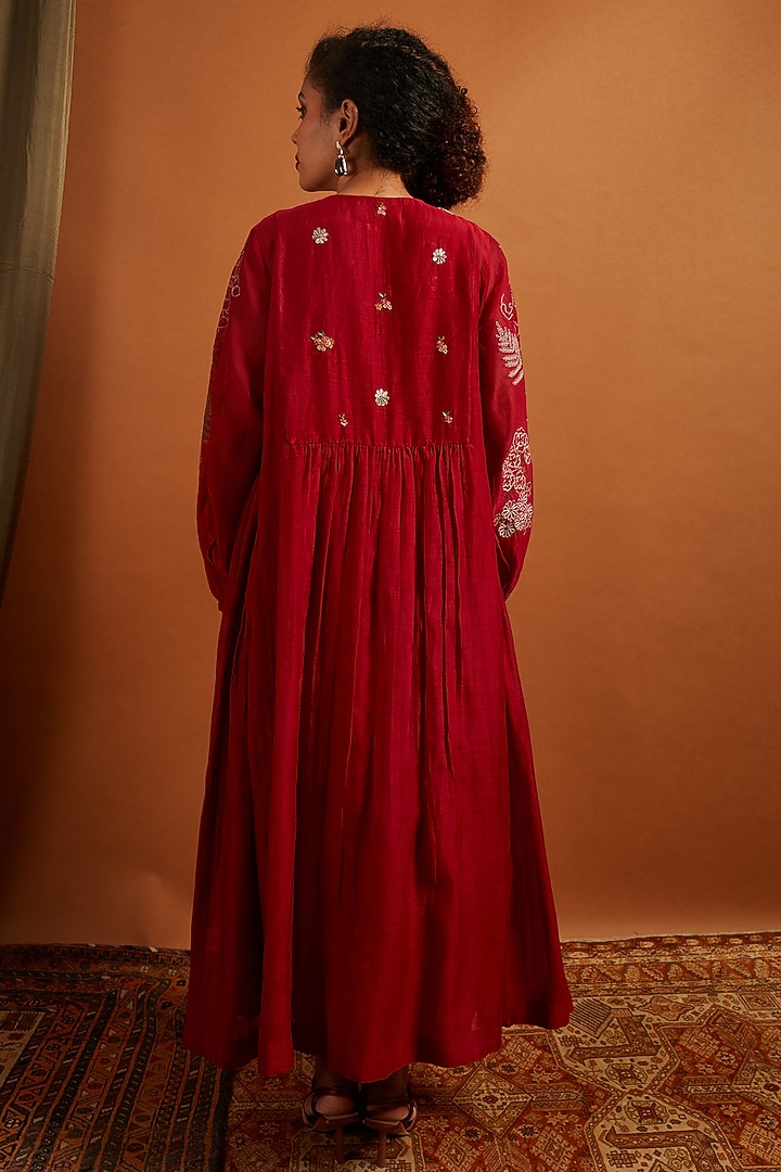 Deep Red Fine Chanderi Embroidered Gathered Vacation Dress by Half Full Curve at Pernia's Pop Up Shop