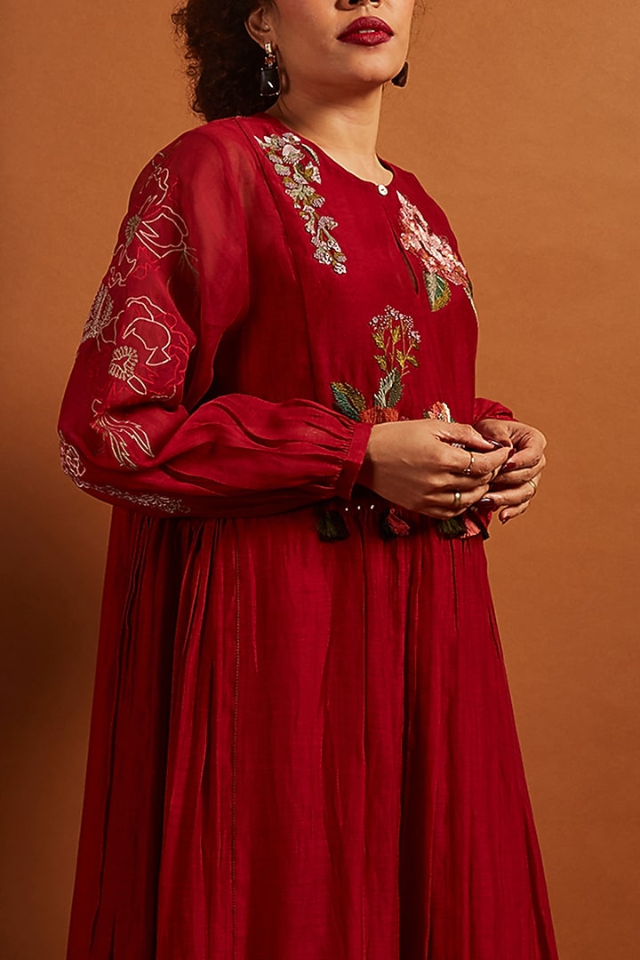 Deep Red Fine Chanderi Embroidered Gathered Vacation Dress by Half Full Curve at Pernia's Pop Up Shop