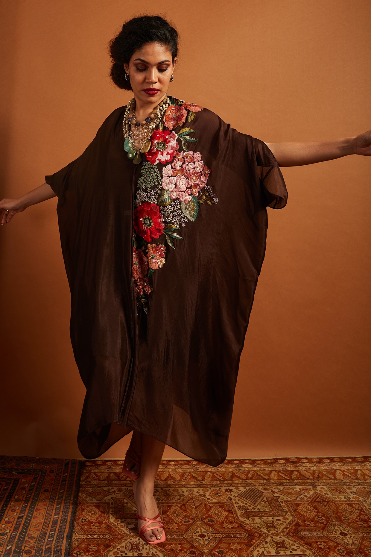Half Full Curve Brown Crepe Chiffon Embroidered Draped Midi Dress