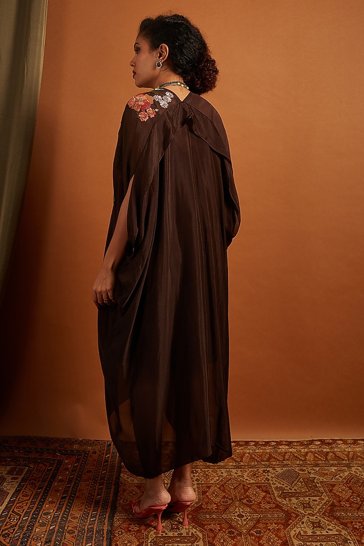Brown Crepe Chiffon Embroidered Draped Midi Vacation Dress by Half Full Curve at Pernia's Pop Up Shop