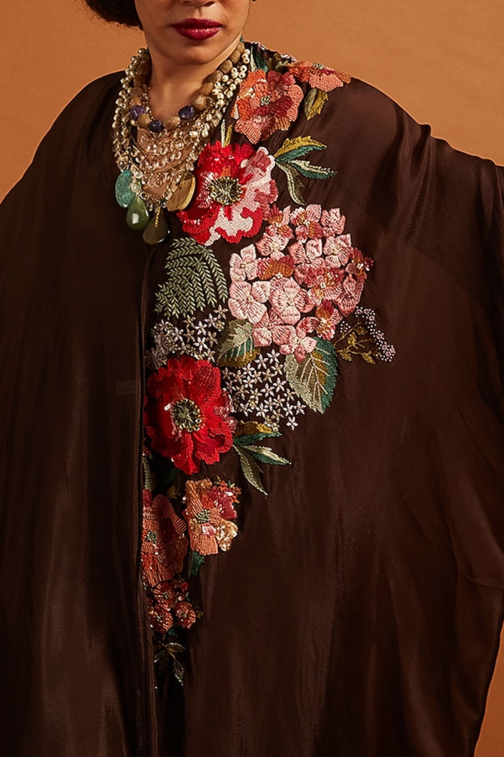 Brown Crepe Chiffon Embroidered Draped Midi Vacation Dress by Half Full Curve at Pernia's Pop Up Shop