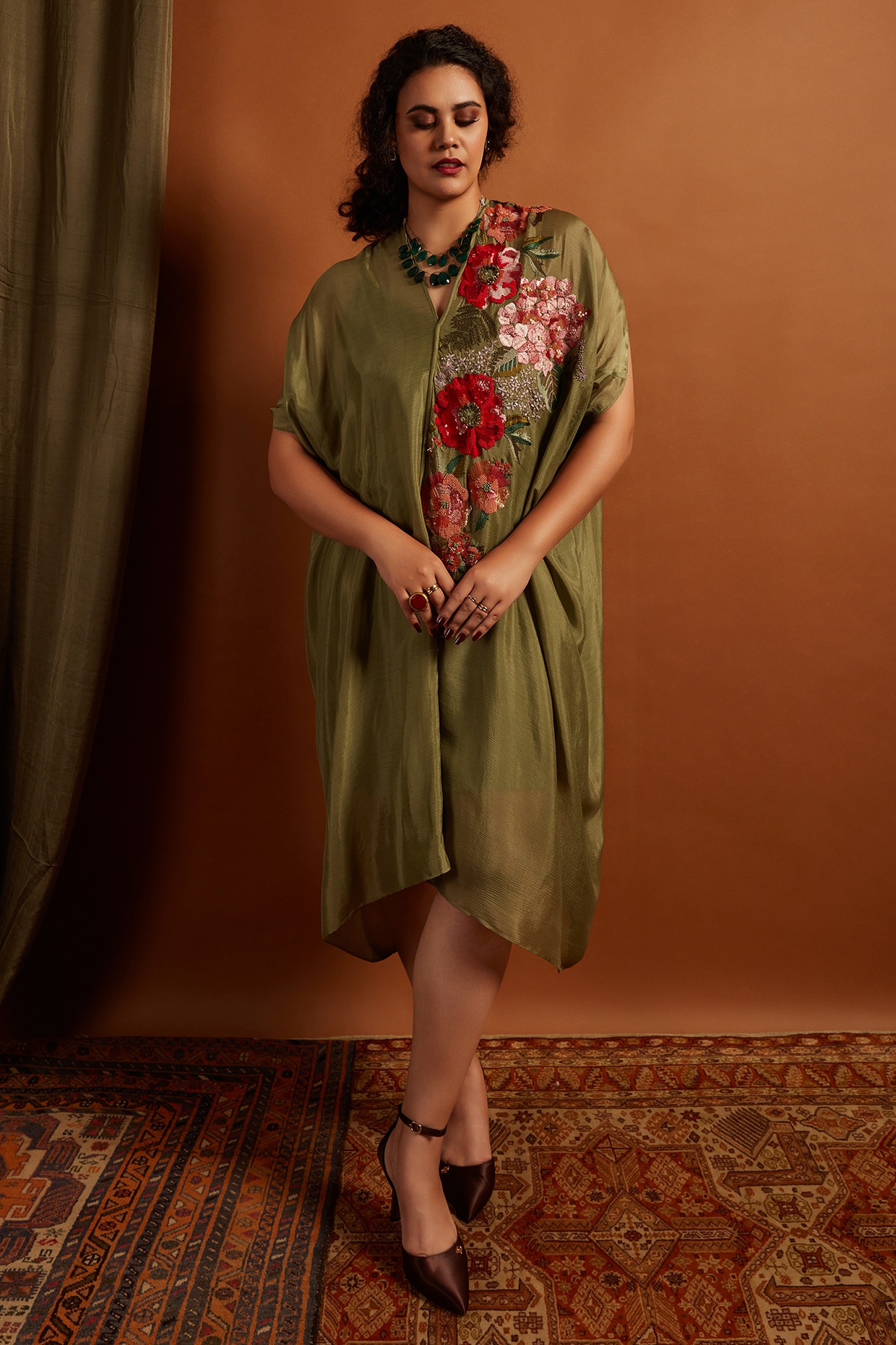 Half Full Curve Sage Crepe Chiffon Embroidered Draped Midi Dress