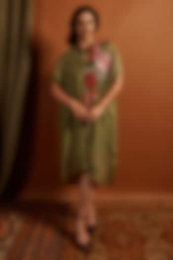 Sage Crepe Chiffon Embroidered Draped Midi Vacation Dress by Half Full Curve at Pernia's Pop Up Shop