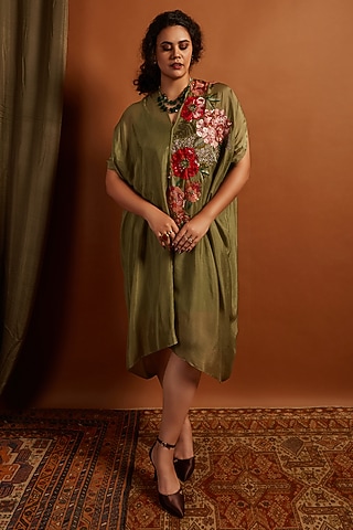 Sage Crepe Chiffon Embroidered Draped Midi Dress by Half Full Curve