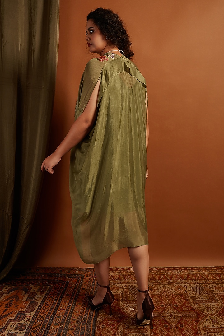 Sage Crepe Chiffon Embroidered Draped Midi Vacation Dress by Half Full Curve at Pernia's Pop Up Shop
