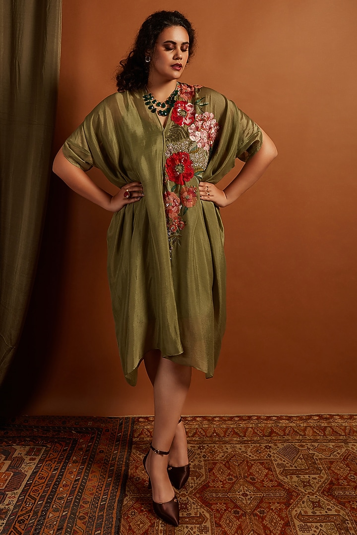 Sage Crepe Chiffon Embroidered Draped Midi Vacation Dress by Half Full Curve at Pernia's Pop Up Shop