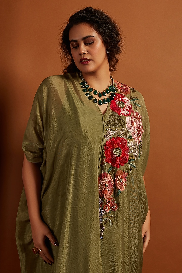 Sage Crepe Chiffon Embroidered Draped Midi Vacation Dress by Half Full Curve at Pernia's Pop Up Shop