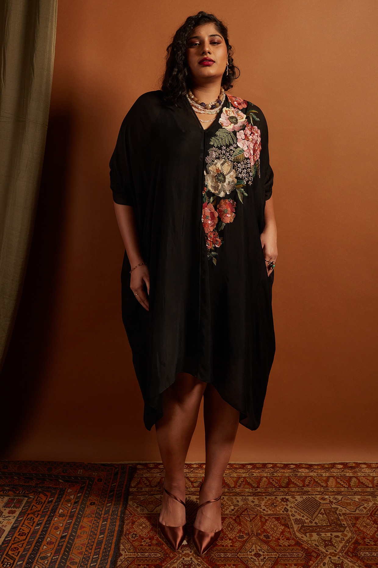 Half Full Curve Black Crepe Chiffon Embroidered Draped Midi Dress