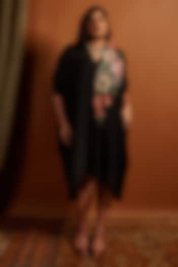 Black Crepe Chiffon Embroidered Draped Midi Vacation Dress by Half Full Curve at Pernia's Pop Up Shop