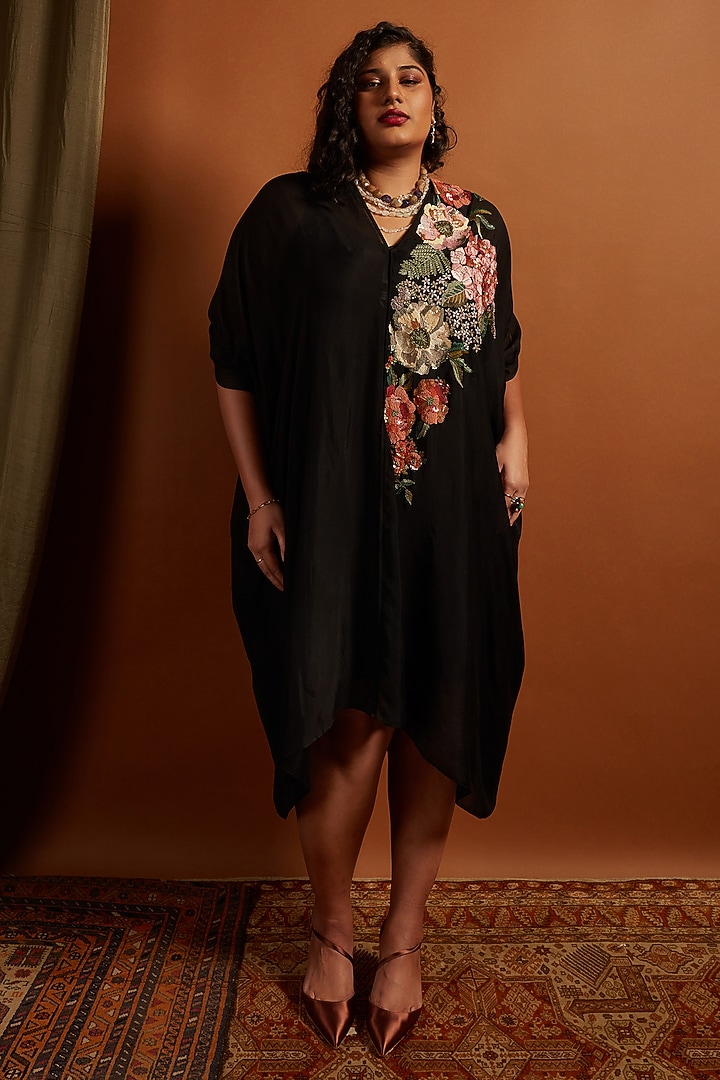 Black Crepe Chiffon Embroidered Draped Midi Vacation Dress by Half Full Curve at Pernia's Pop Up Shop