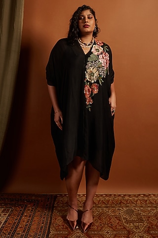 Black Crepe Chiffon Embroidered Draped Midi Dress by Half Full Curve