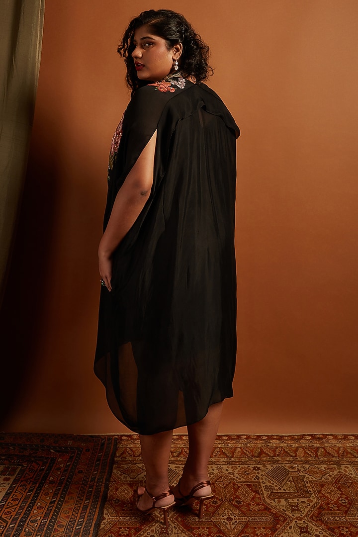 Black Crepe Chiffon Embroidered Draped Midi Vacation Dress by Half Full Curve at Pernia's Pop Up Shop