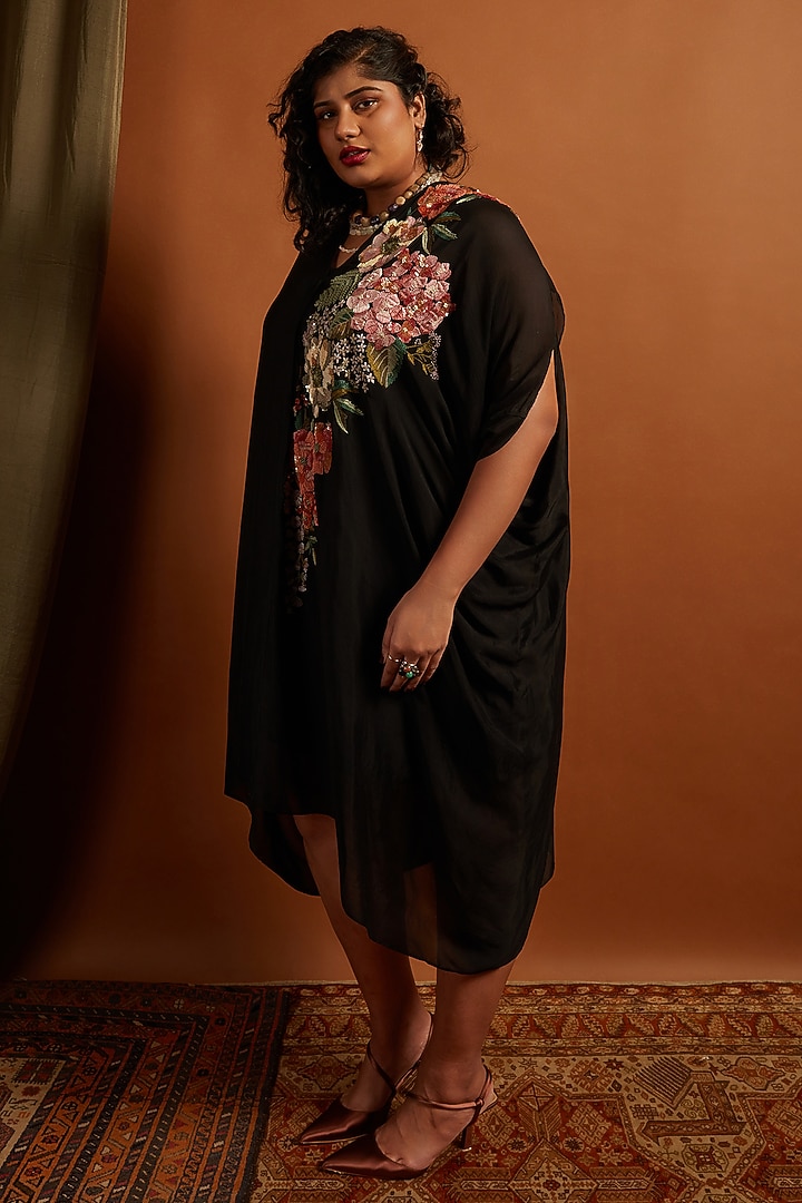 Black Crepe Chiffon Embroidered Draped Midi Vacation Dress by Half Full Curve at Pernia's Pop Up Shop