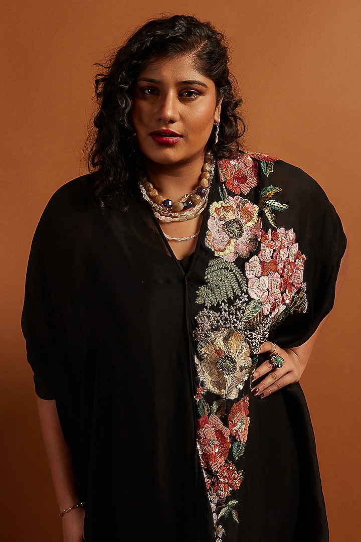 Black Crepe Chiffon Embroidered Draped Midi Vacation Dress by Half Full Curve at Pernia's Pop Up Shop