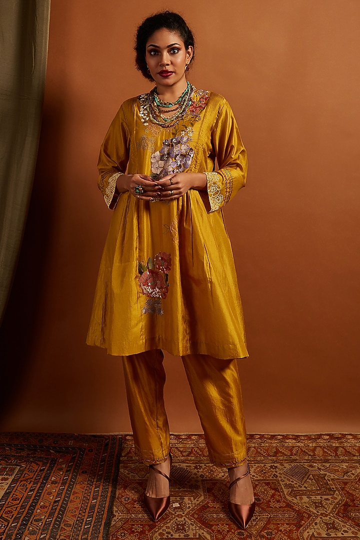 Mustard Pure Silk Embroidered Kurta Set by Half Full Curve at Pernia's Pop Up Shop