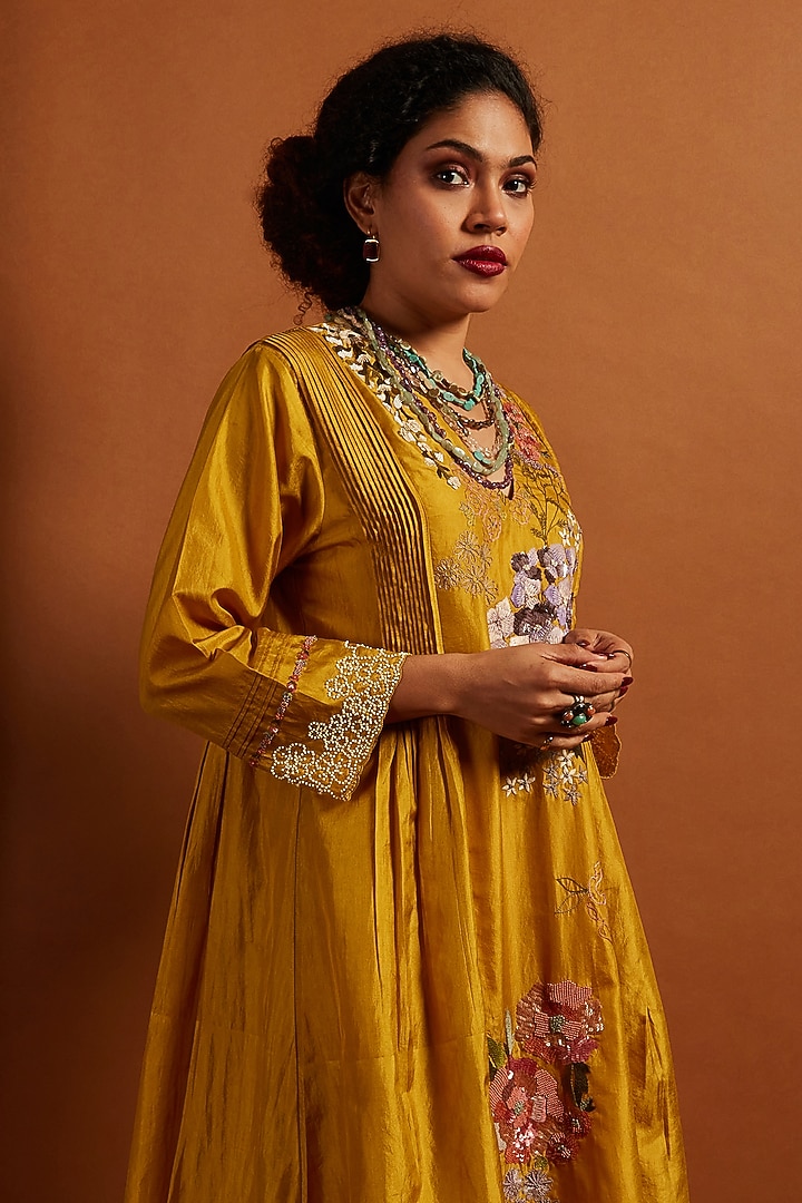 Mustard Pure Silk Embroidered Kurta Set by Half Full Curve at Pernia's Pop Up Shop