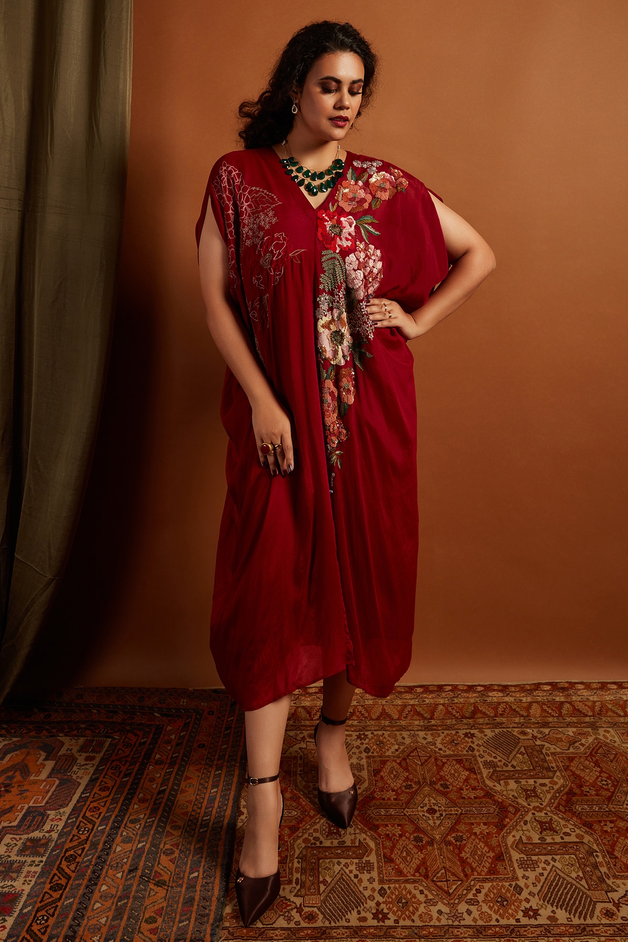Half Full Curve Deep Red Crepe Chiffon Embroidered Kaftan
