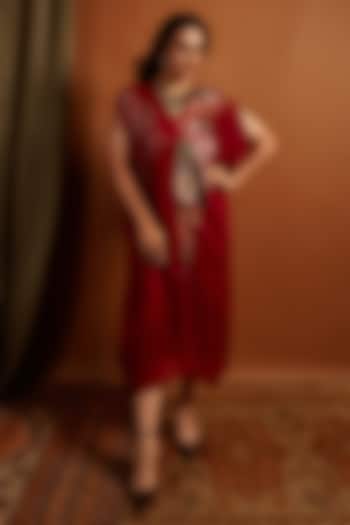 Deep Red Crepe Chiffon Embroidered Kaftan by Half Full Curve at Pernia's Pop Up Shop