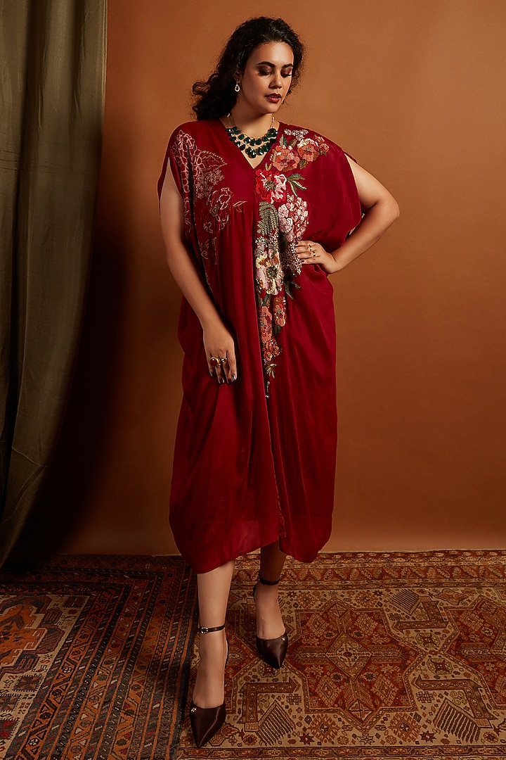 Deep Red Crepe Chiffon Embroidered Kaftan by Half Full Curve at Pernia's Pop Up Shop
