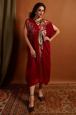 Deep Red Crepe Chiffon Embroidered Kaftan by Half Full Curve