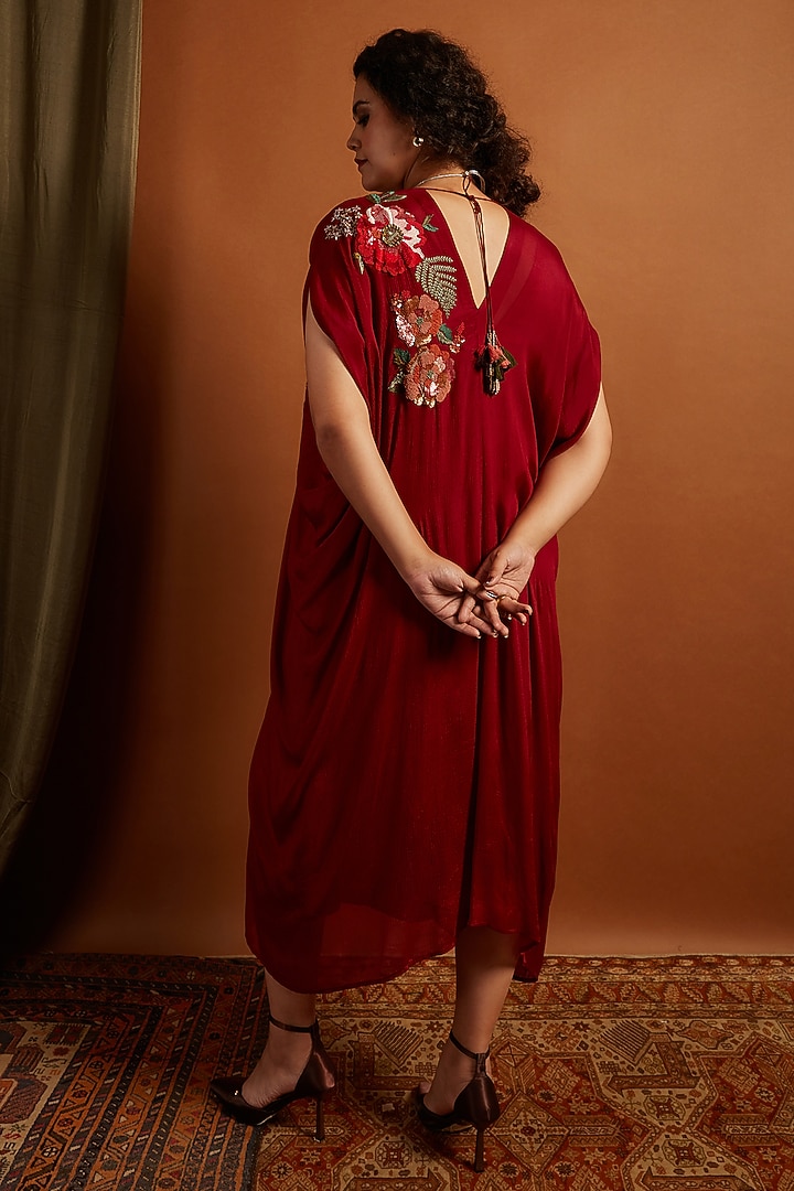 Deep Red Crepe Chiffon Embroidered Kaftan by Half Full Curve at Pernia's Pop Up Shop