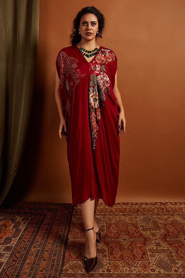 Deep Red Crepe Chiffon Embroidered Kaftan by Half Full Curve at Pernia's Pop Up Shop