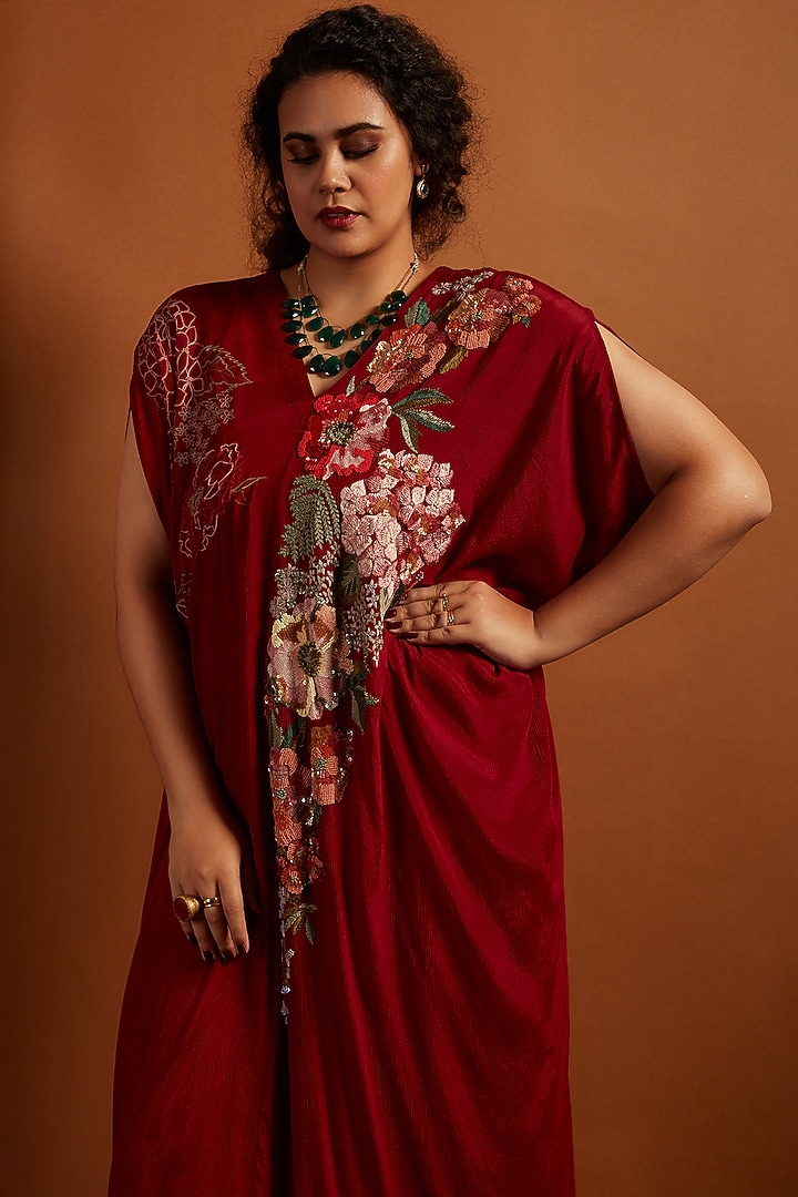 Deep Red Crepe Chiffon Embroidered Kaftan by Half Full Curve at Pernia's Pop Up Shop