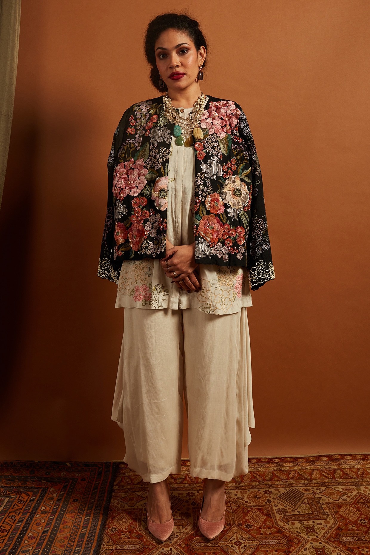 Half Full Curve Black Crepe Chiffon Embroidered Jacket
