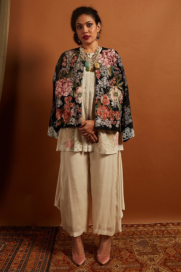 Black Crepe Chiffon Embroidered Jacket by Half Full Curve at Pernia's Pop Up Shop