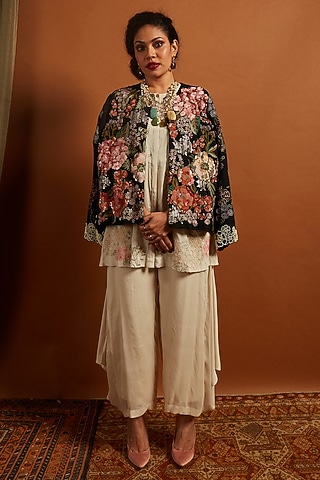 Black Crepe Chiffon Embroidered Jacket by Half Full Curve