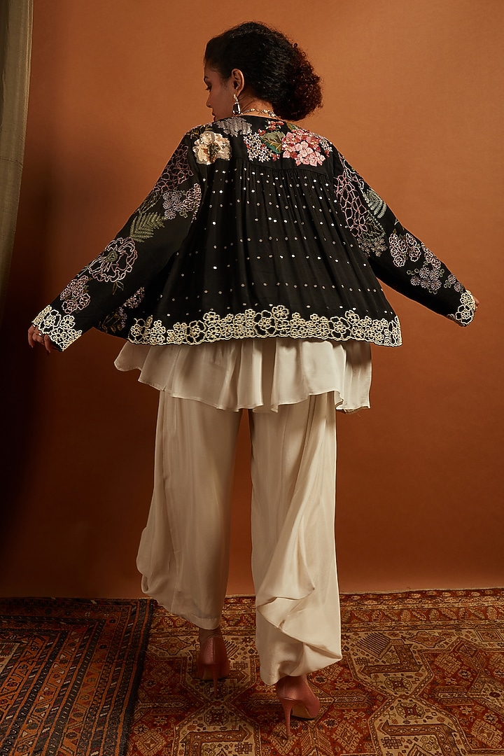 Black Crepe Chiffon Embroidered Jacket by Half Full Curve at Pernia's Pop Up Shop