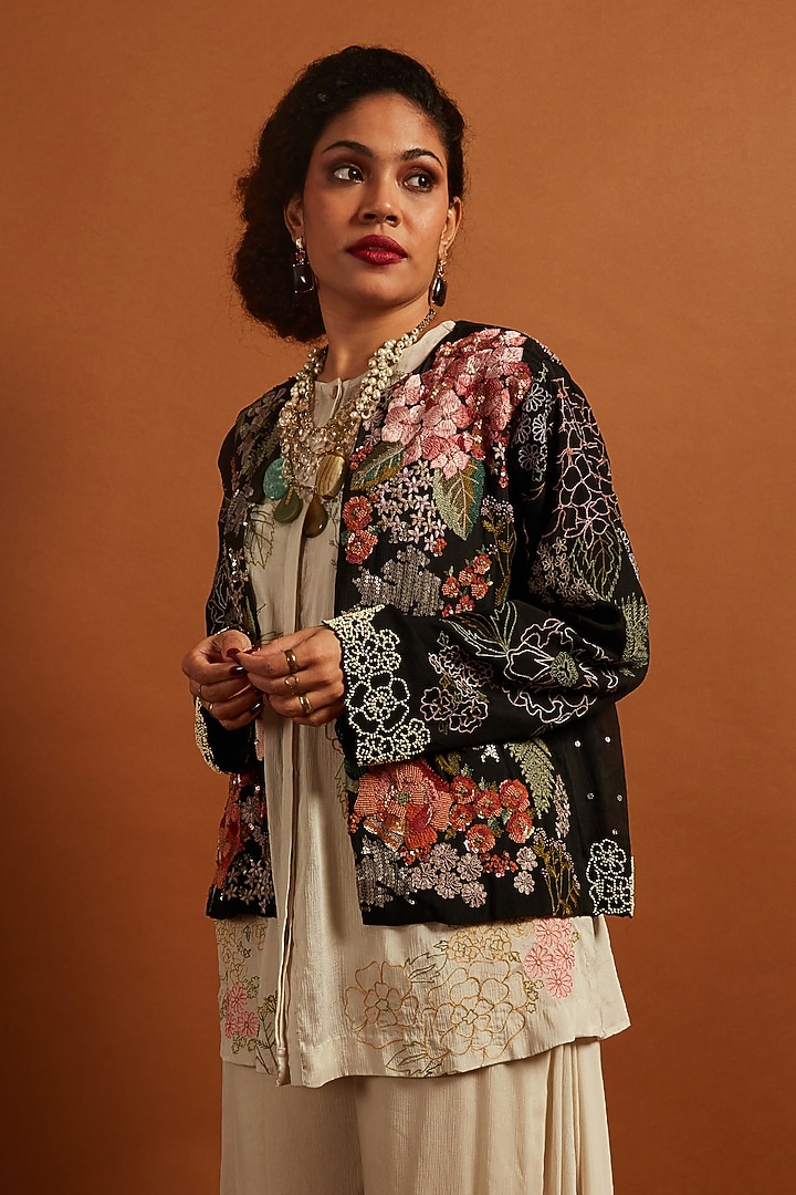 Black Crepe Chiffon Embroidered Jacket by Half Full Curve at Pernia's Pop Up Shop