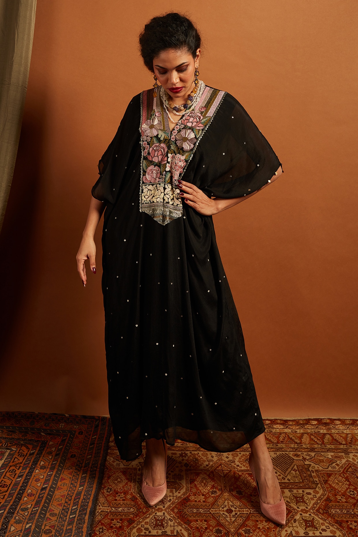 Half Full Curve Black Crepe Chiffon Embroidered Kaftan