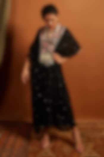 Black Crepe Chiffon Embroidered Kaftan by Half Full Curve at Pernia's Pop Up Shop
