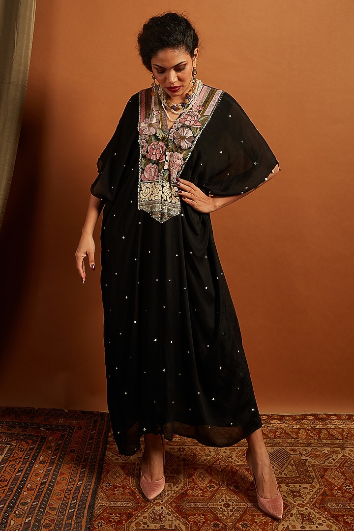 Black Crepe Chiffon Embroidered Kaftan by Half Full Curve at Pernia's Pop Up Shop